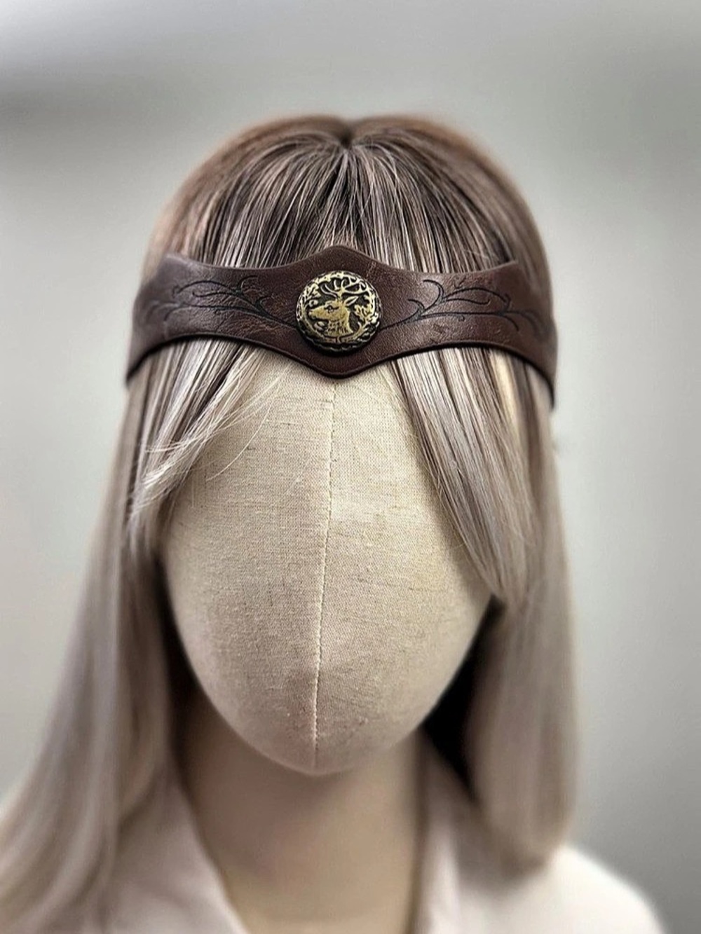 Brown Faux Leather Medieval Renaissance Headband Deer Medallion Tie Back
